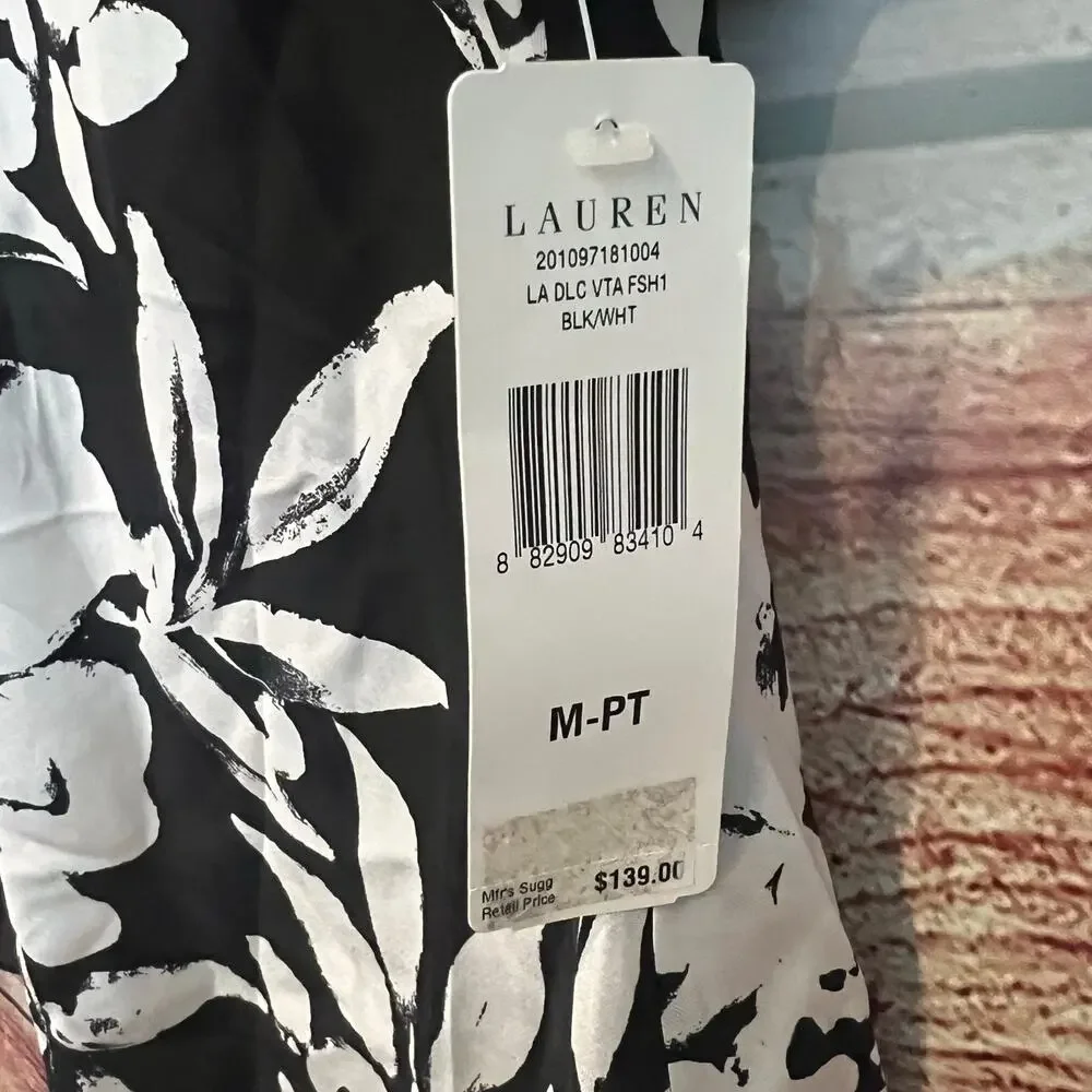 Lauren Ralph Lauren Silk Blouse Medium Petite Floral Black White Flutter Sleeves